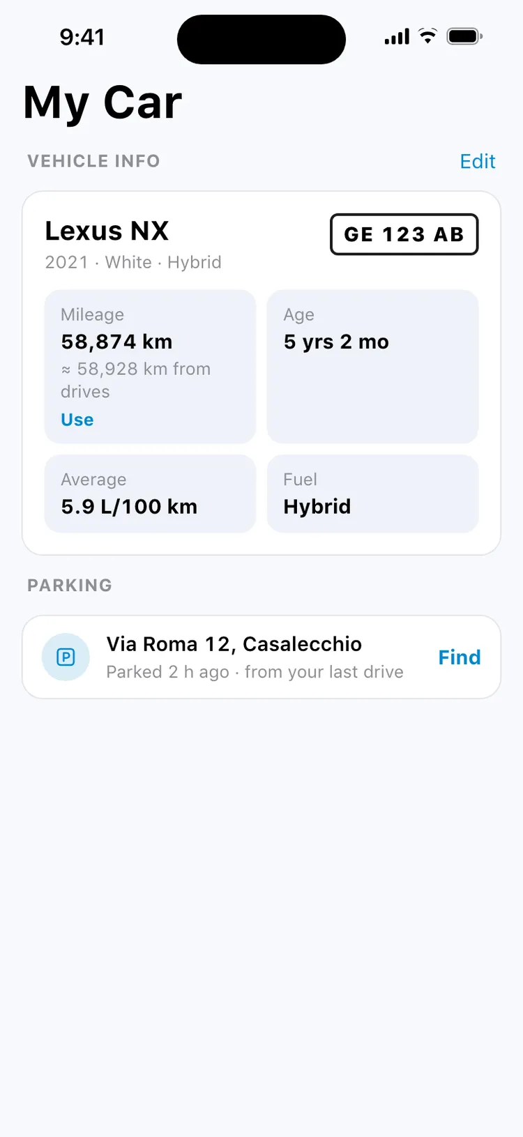 Les infos du véhicule dans Ma Voiture : kilométrage 58 874 km avec « ≈ 58 928 km d’après les parcours » et Utiliser, et la carte de stationnement « Garée il y a 2 h · de votre dernier parcours »