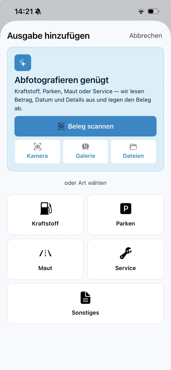 Der Bildschirm zum Hinzufügen von Ausgaben mit Scan-, Kamera-, Galerie- und Dateioptionen