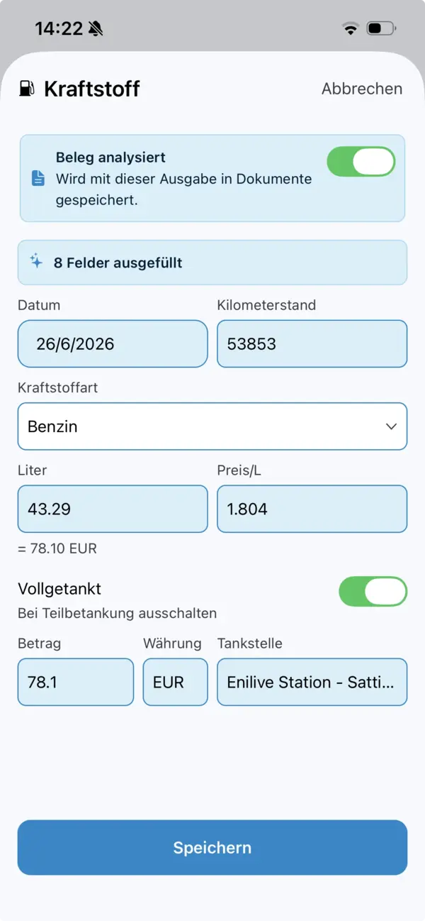 Die fertige Kraftstoffausgabe mit acht ausgefüllten Feldern