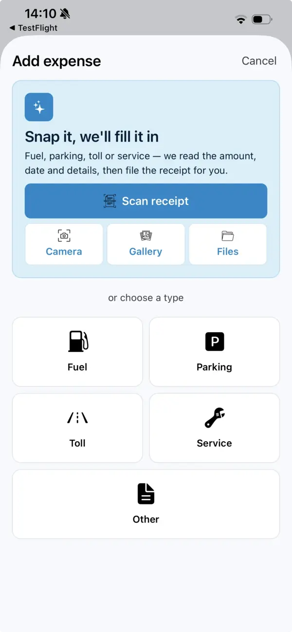 The add-expense screen with scan, camera, gallery and file options