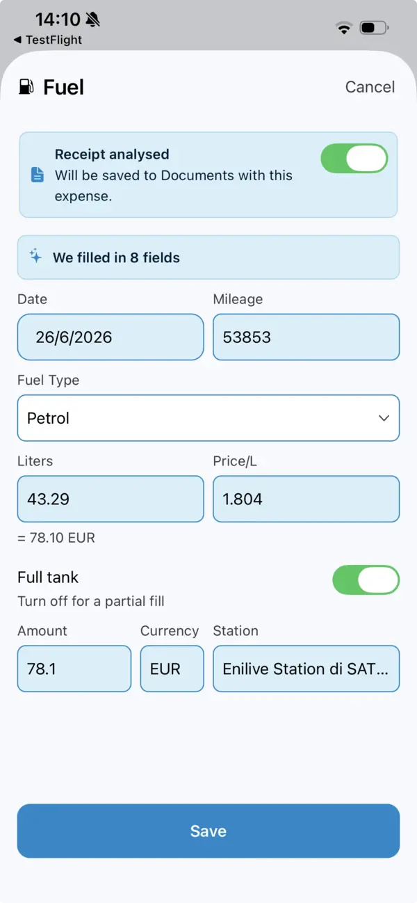 The completed fuel expense with eight fields filled in