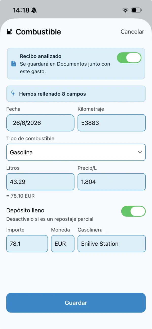 El gasto de combustible completado con ocho campos rellenados