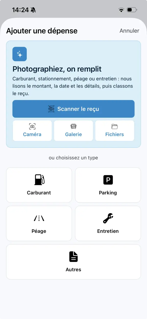 L'écran d'ajout de dépense avec les options scan, appareil photo, galerie et fichiers