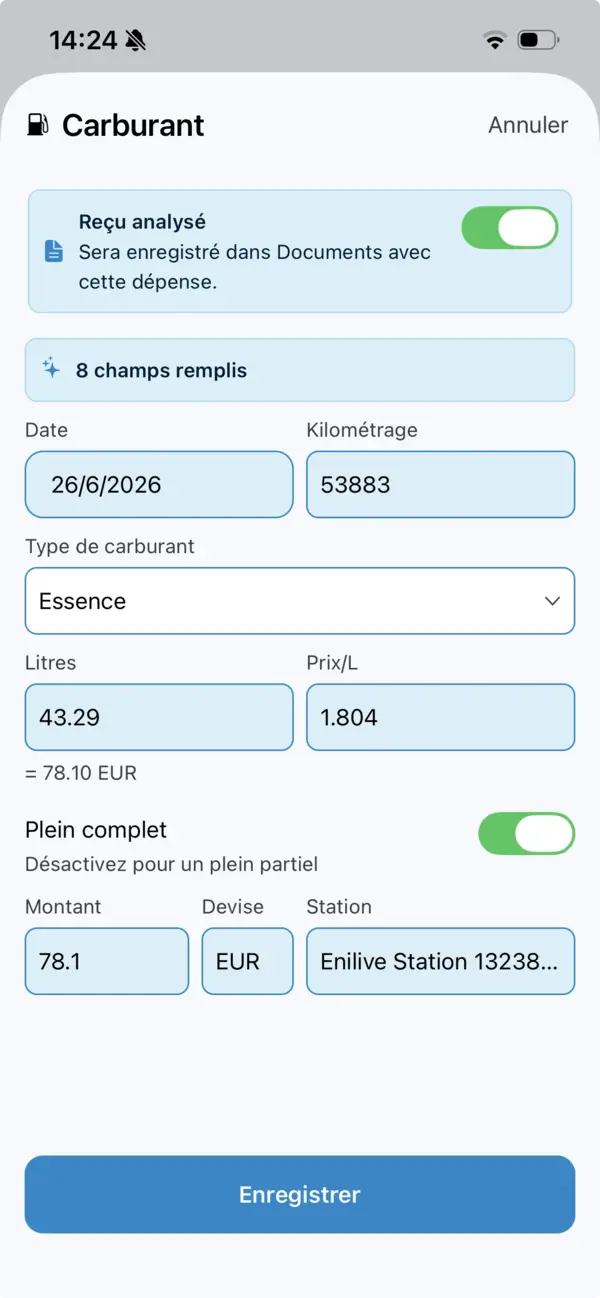 La dépense de carburant complétée avec huit champs remplis