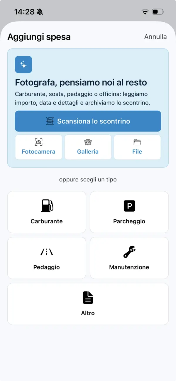 La schermata di aggiunta spesa con opzioni scansione, fotocamera, galleria e file