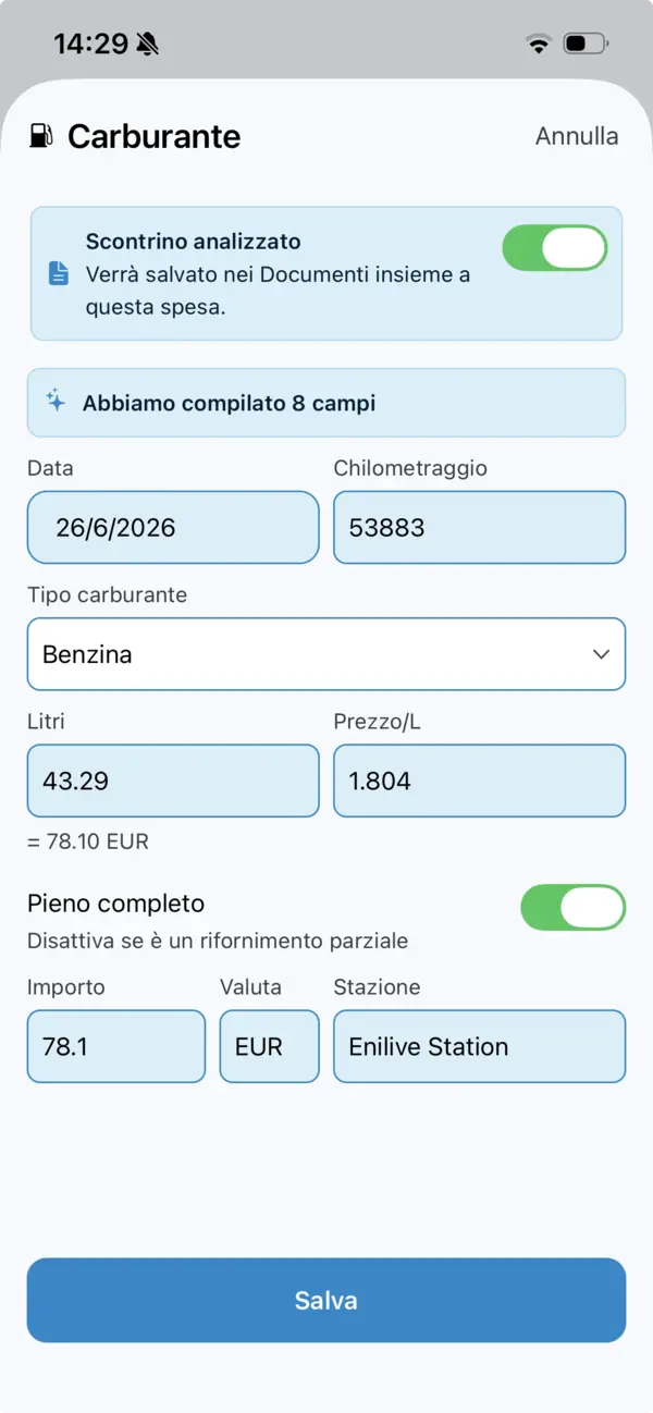 La spesa carburante completata con otto campi compilati