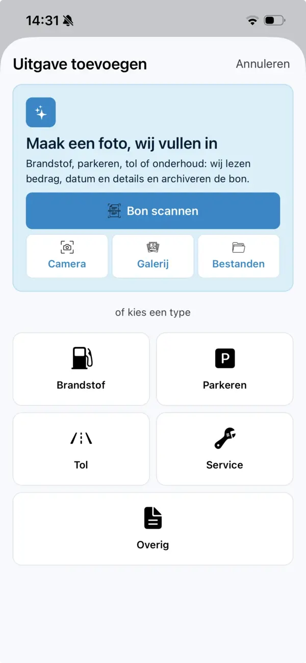 Het scherm voor een nieuwe uitgave met scan-, camera-, galerij- en bestandsopties
