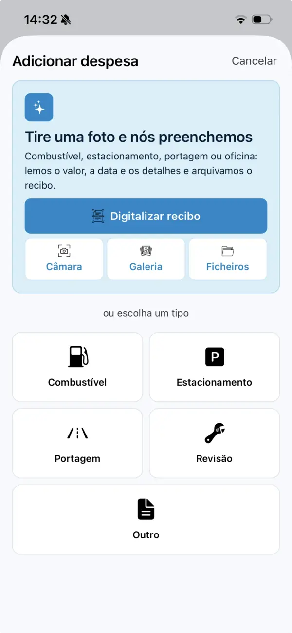 O ecrã de adicionar despesa com opções de digitalização, câmara, galeria e ficheiros