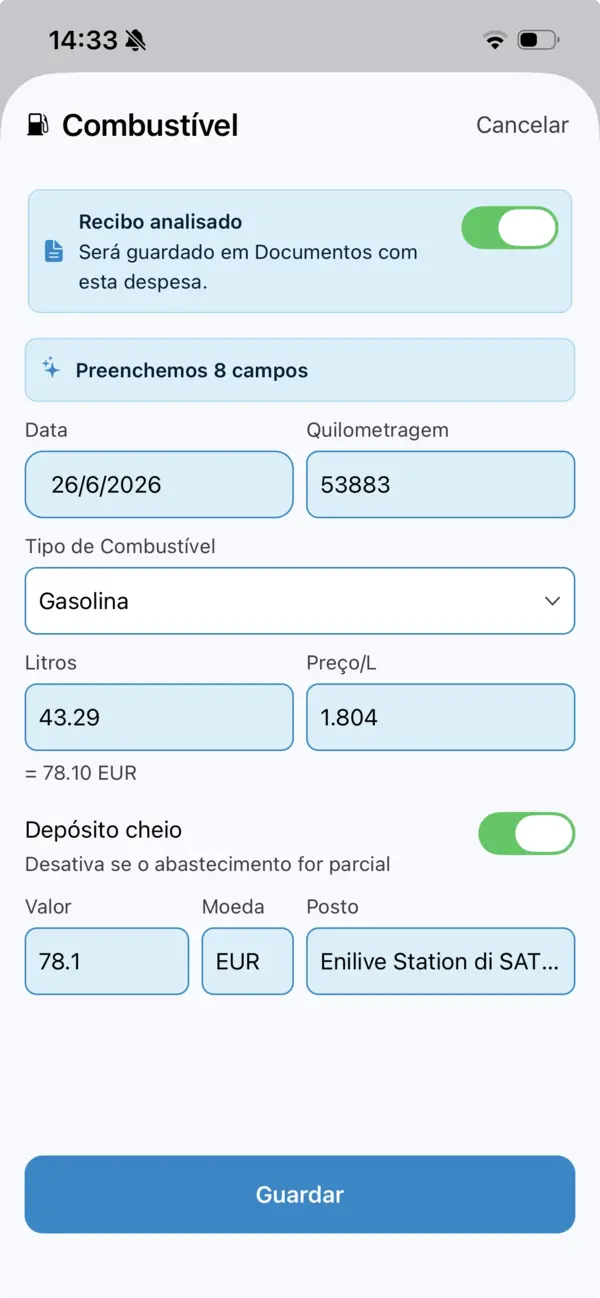 A despesa de combustível concluída com oito campos preenchidos