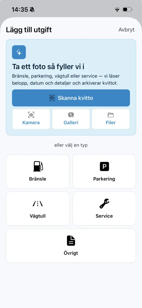 Skärmen för att lägga till en utgift med alternativ för skanning, kamera, galleri och filer