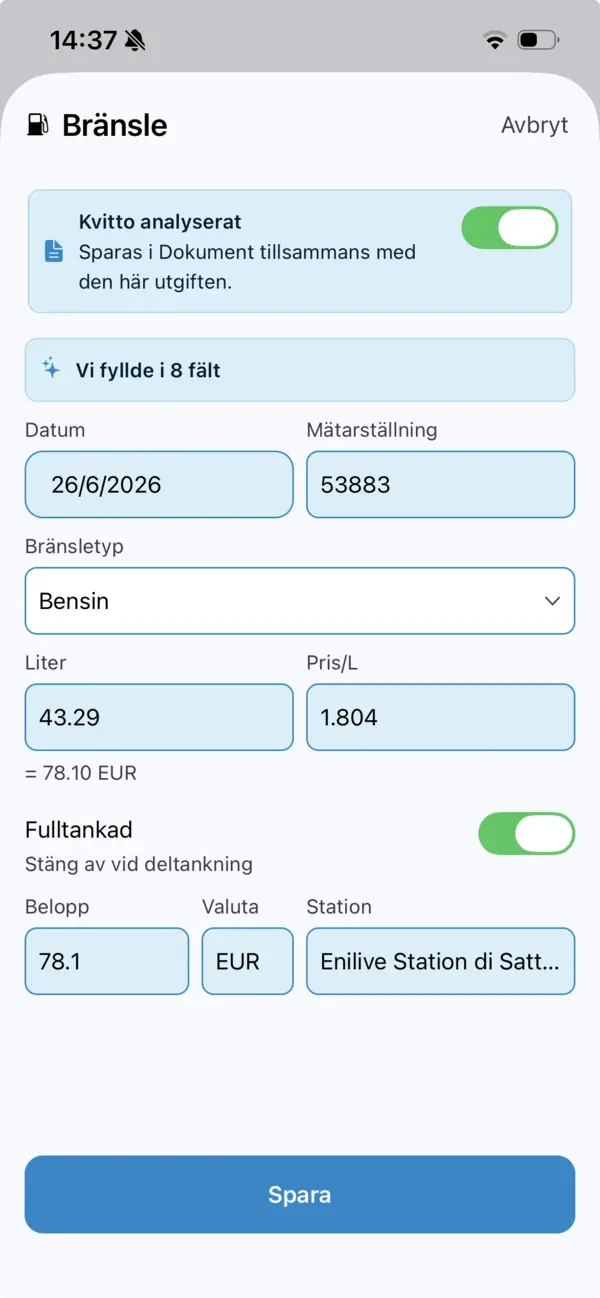 Den färdiga bränsleutgiften med åtta ifyllda fält
