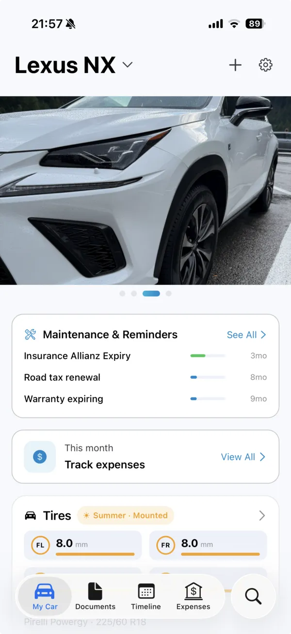 The MyGarage home screen for a Lexus NX, showing renewal reminders, expenses and tyre tread depths