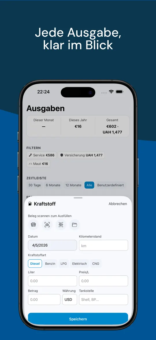 Ausgabenübersicht des Autos, während eine Servicerechnung aus einem Beleg erfasst wird