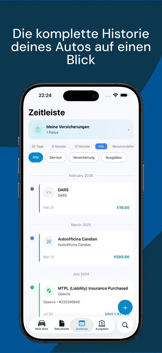Eine Zeitleiste, die Servicebesuche, Versicherungen und Ausgaben in einer Ansicht vereint