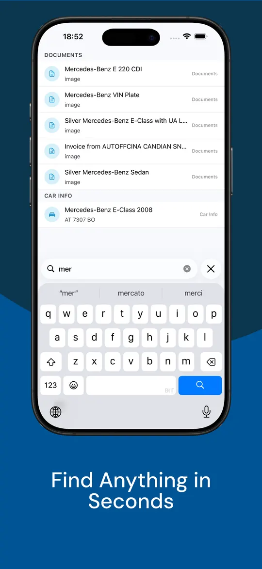 Searching across documents and car details, with results appearing while typing
