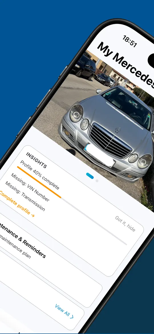 The My Car screen with a saved Mercedes, profile insights and vehicle information