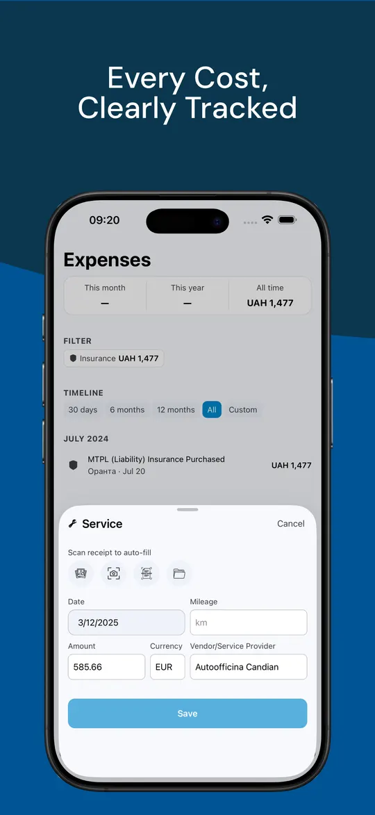 Expense totals for the car, with a service cost being added from a scanned receipt