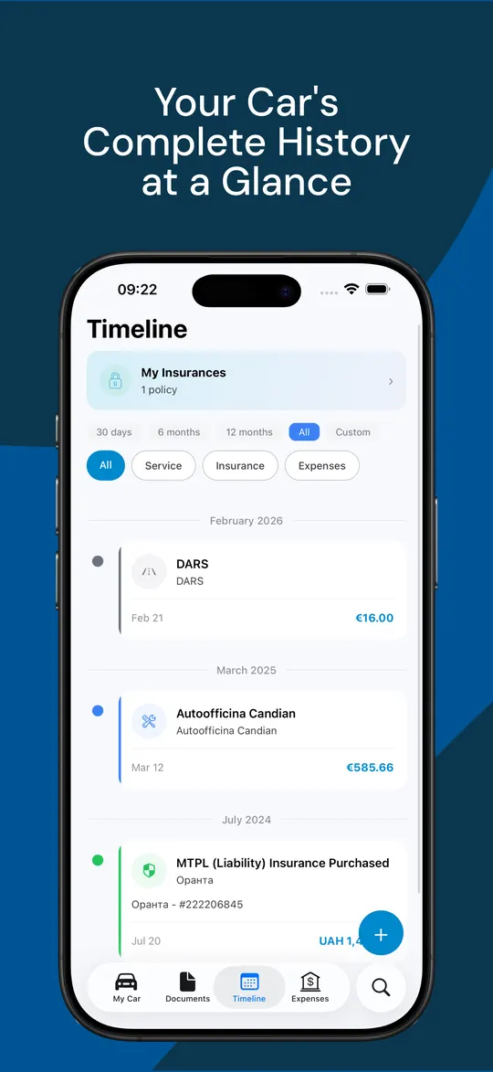 A timeline combining service visits, insurance policies and expenses in one view