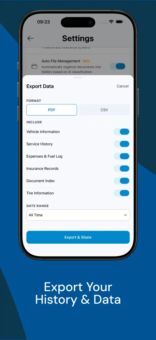 Exporting vehicle history and data as PDF or CSV, choosing which sections to include