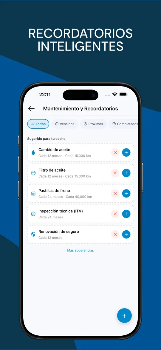 Recordatorios de mantenimiento: cambio de aceite, filtro, pastillas de freno, ITV y seguro