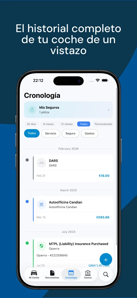 Una línea de tiempo que reúne servicios, pólizas de seguro y gastos en una sola vista