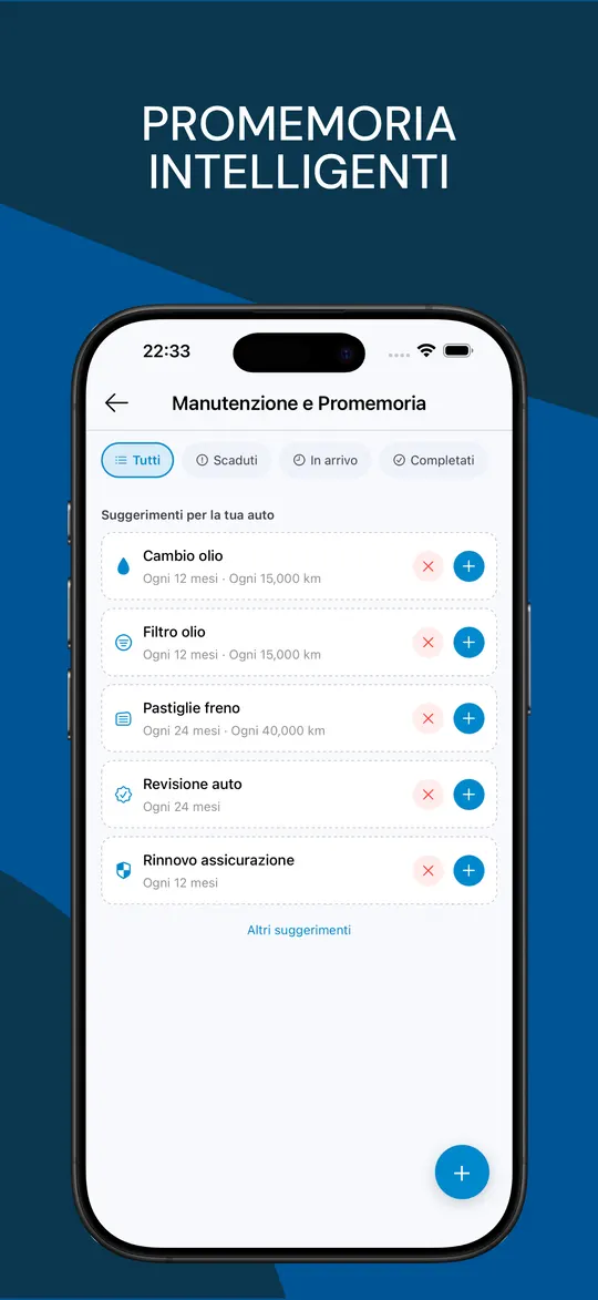 Promemoria di manutenzione: cambio olio, filtro, pastiglie, revisione e assicurazione