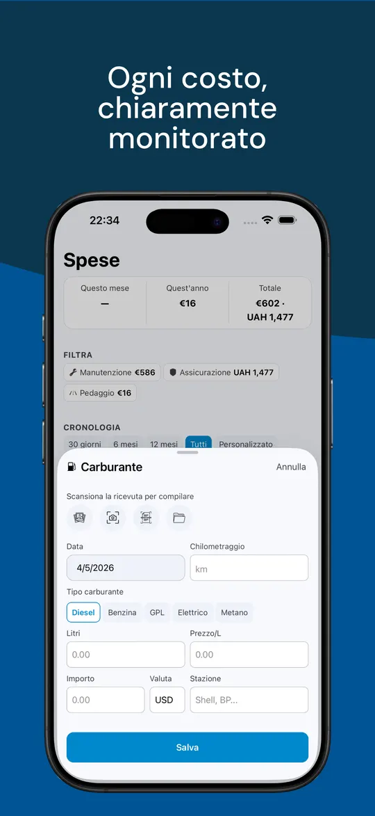 Riepilogo spese dell’auto mentre si aggiunge un intervento da una ricevuta scansionata