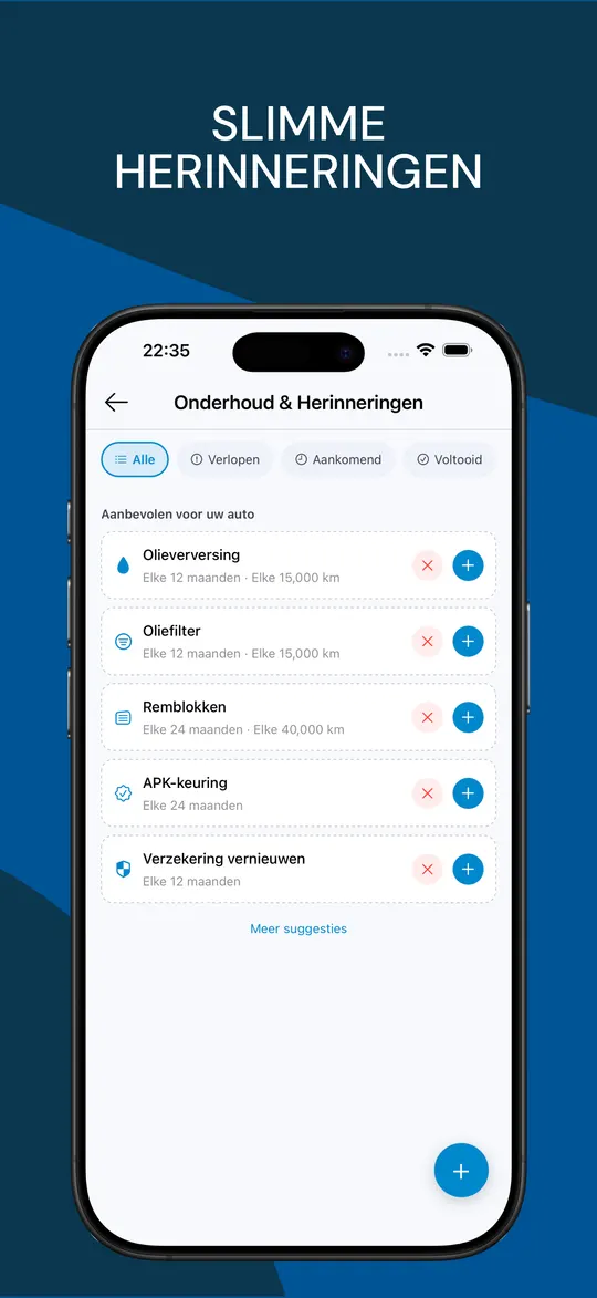 Onderhoudsherinneringen voor olie, oliefilter, remblokken, APK en verzekeringsverlenging