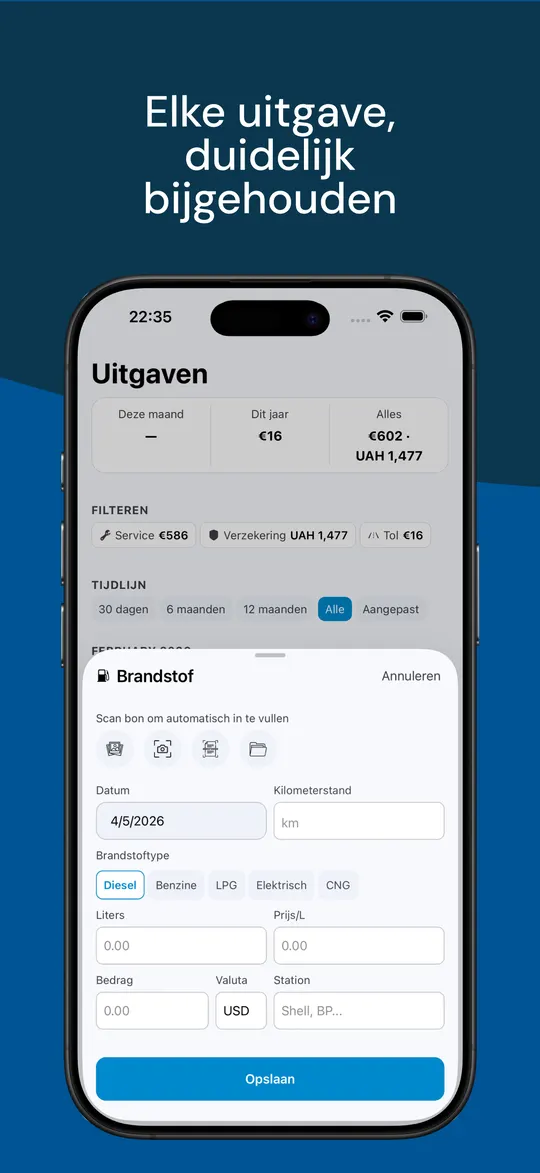 Overzicht van autokosten terwijl een servicebeurt uit een gescande bon wordt toegevoegd
