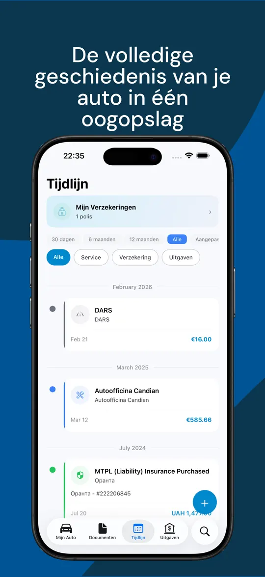 Een tijdlijn die onderhoud, verzekeringen en uitgaven in één overzicht samenbrengt