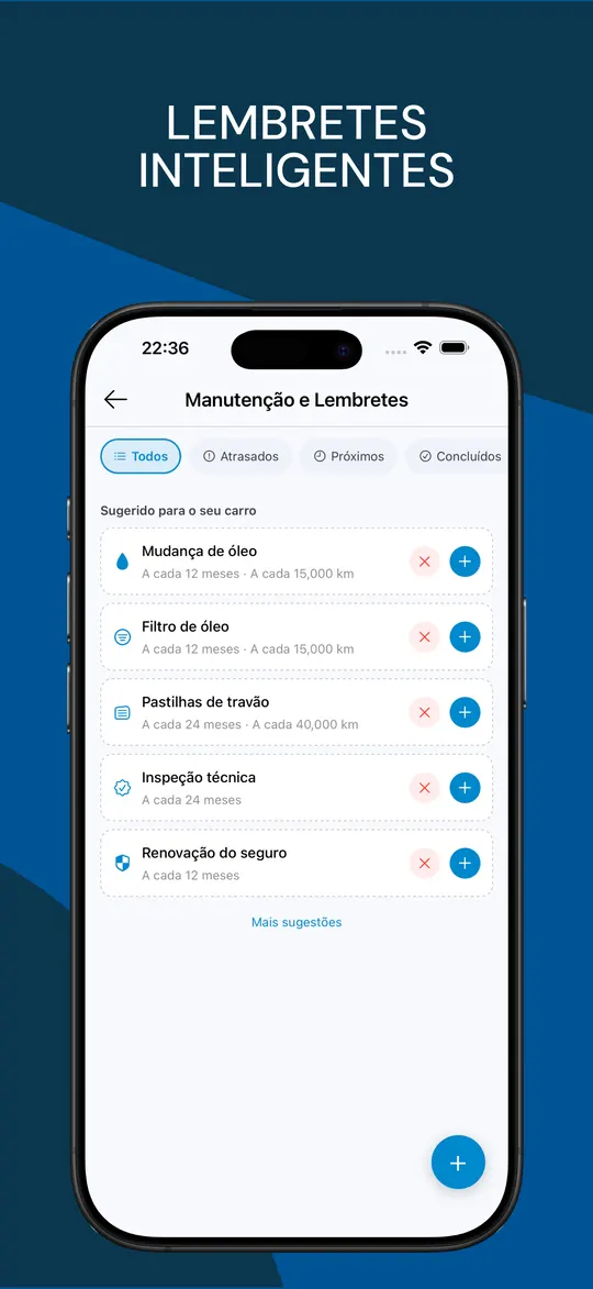 Lembretes de manutenção: mudança de óleo, filtro, travões, inspeção e seguro