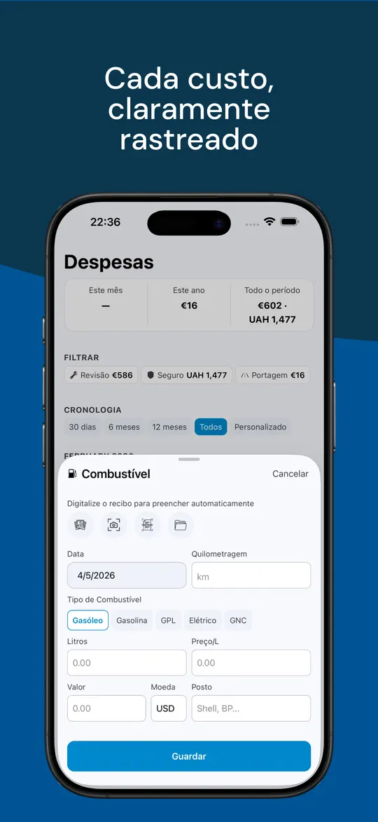 Resumo das despesas do carro enquanto se adiciona um serviço a partir de um recibo