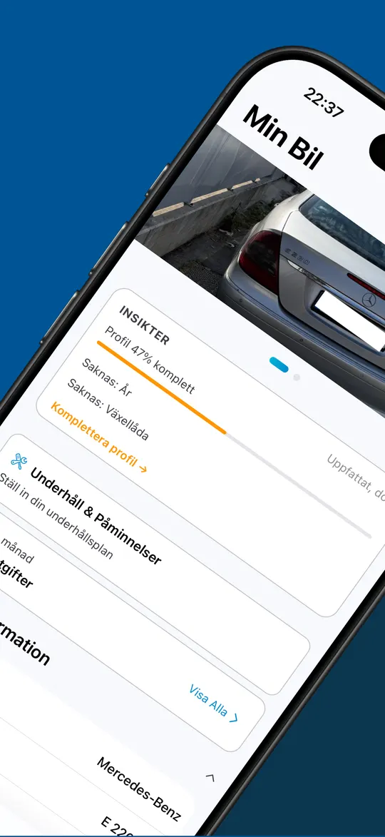 Skärmen Min Bil med en sparad Mercedes, profilinsikter och fordonsuppgifter