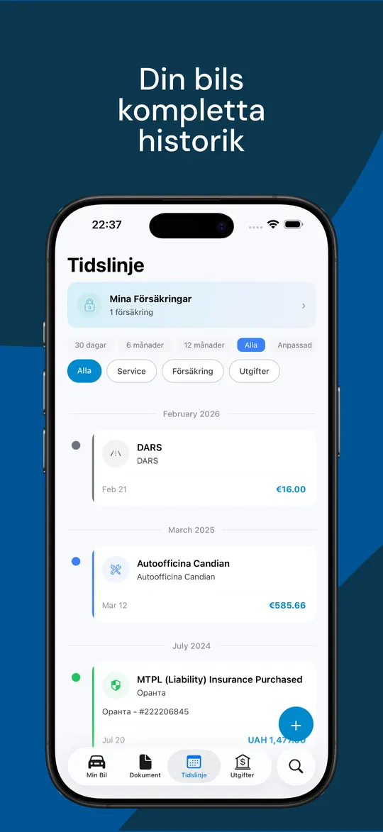 En tidslinje som samlar service, försäkringar och utgifter i en och samma vy