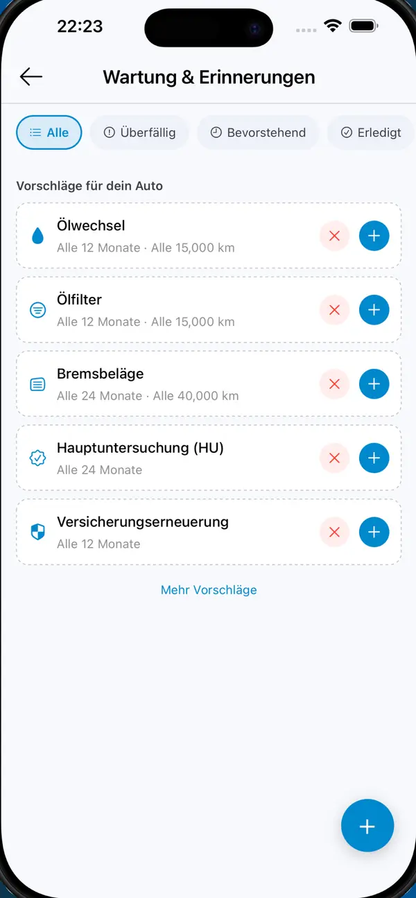 MyGarage mit Wartungserinnerungen für Ölwechsel, Bremsbeläge und Hauptuntersuchung