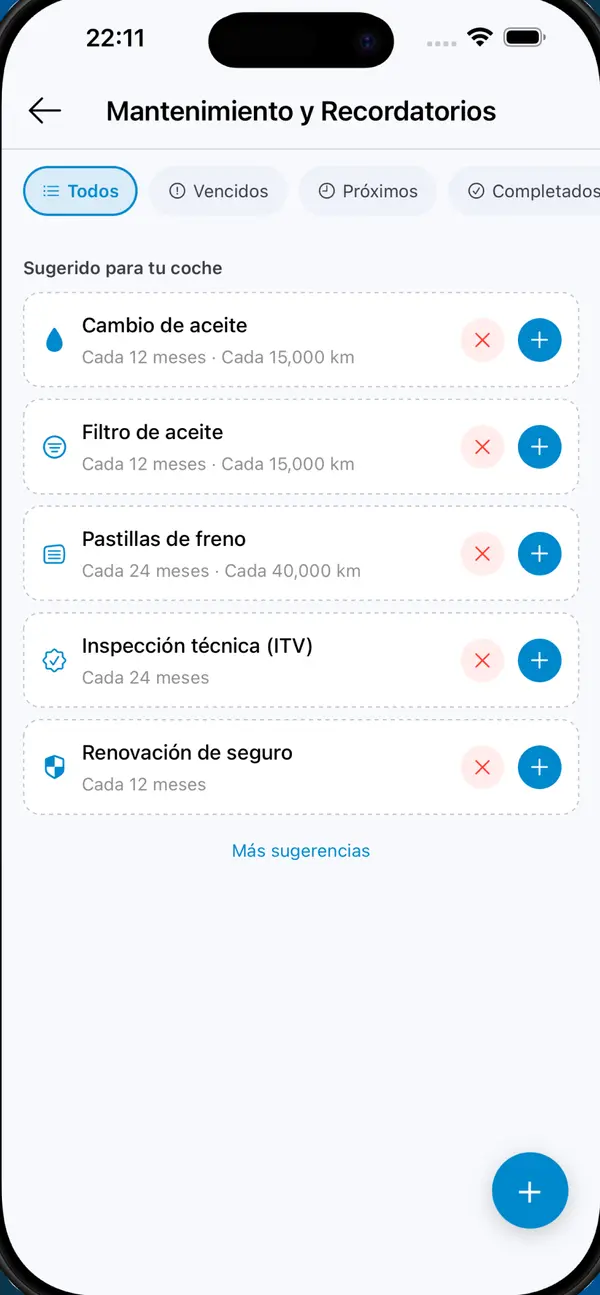 MyGarage mostrando recordatorios de cambio de aceite, pastillas de freno e ITV