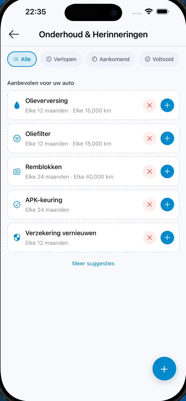 MyGarage met herinneringen voor olieverversing, remblokken en APK