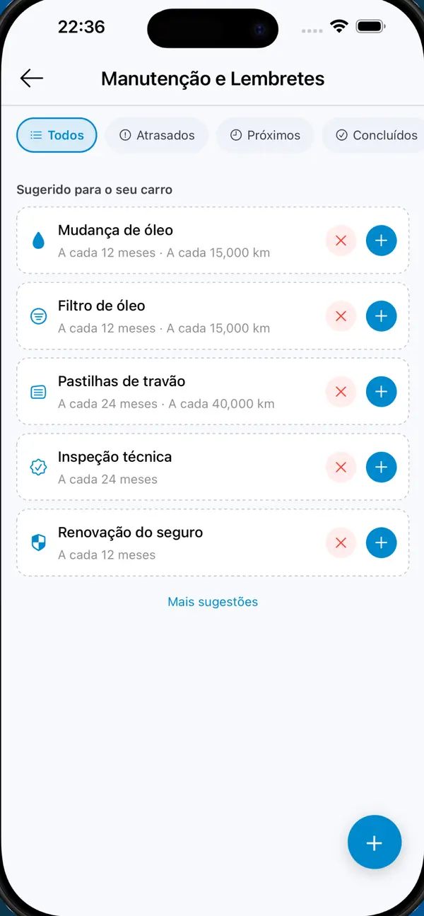 MyGarage a mostrar lembretes de mudança de óleo, travões e inspeção