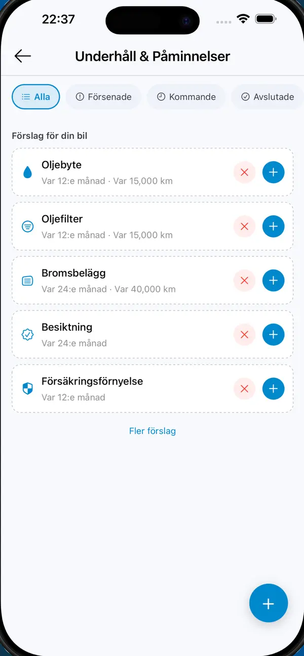 MyGarage med påminnelser om oljebyte, bromsbelägg och besiktning